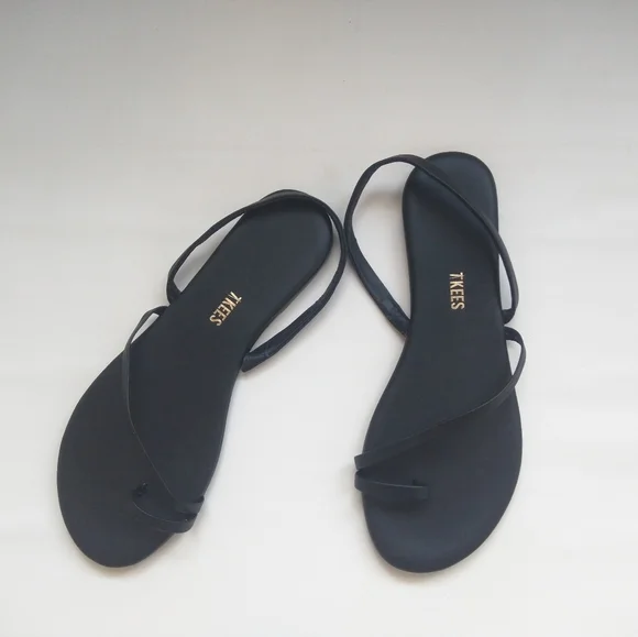 Tkees LC Sandals Leather Black Slingback Strappy Flats 9 - Picture 10 of 15